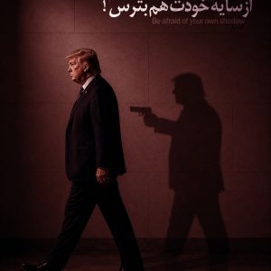 پوستر فارسی و انگلیسی قصاص ترامپ | «ترامپ پشت شیشه ضدگلوله!»